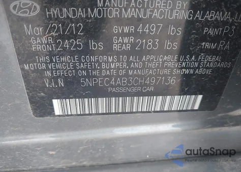 2012 Hyundai Sonata Se 2.0T из США, поврежденный, VIN 5NPEC4AB3CH497136